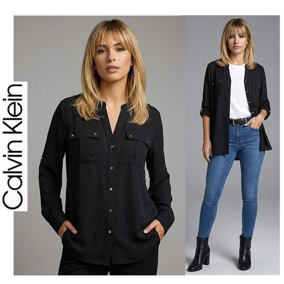 Calvin Klein Tops - CALVIN KLEIN - Black button down roll tab sleeve shirt